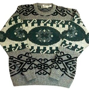 VTG London Fog Crewneck Sweater Grandpa Alpaca Blend Abstract Gray/Green Large